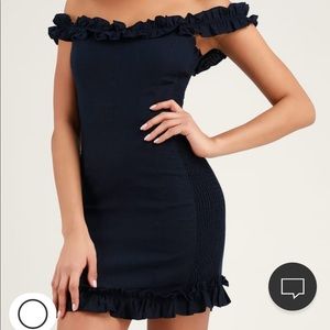 FINAL OFFER-Lulus navy blue ruffled off the shoulder Bodycon dress